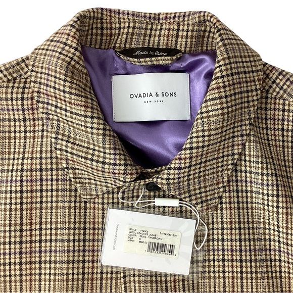 OVADIA & SONS NWT Size S Wool Coaches Jacket in Tan Brown Plaid Check Checkered - Picture 2 of 7